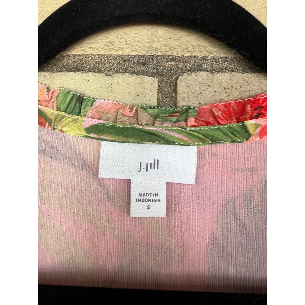 J. Jill Tropical Floral Pink Bell Sleeve V-Neck Tunic Blouse Size Small - Picture 5 of 7